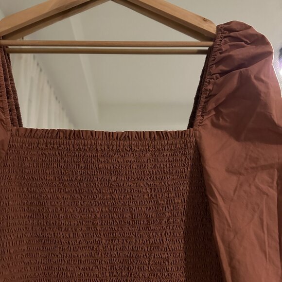 WILFRED ARITZIA Maelys Brown Cotton Poplin Puff Sleeve Smocked Dress | Size Larg - Picture 4 of 9